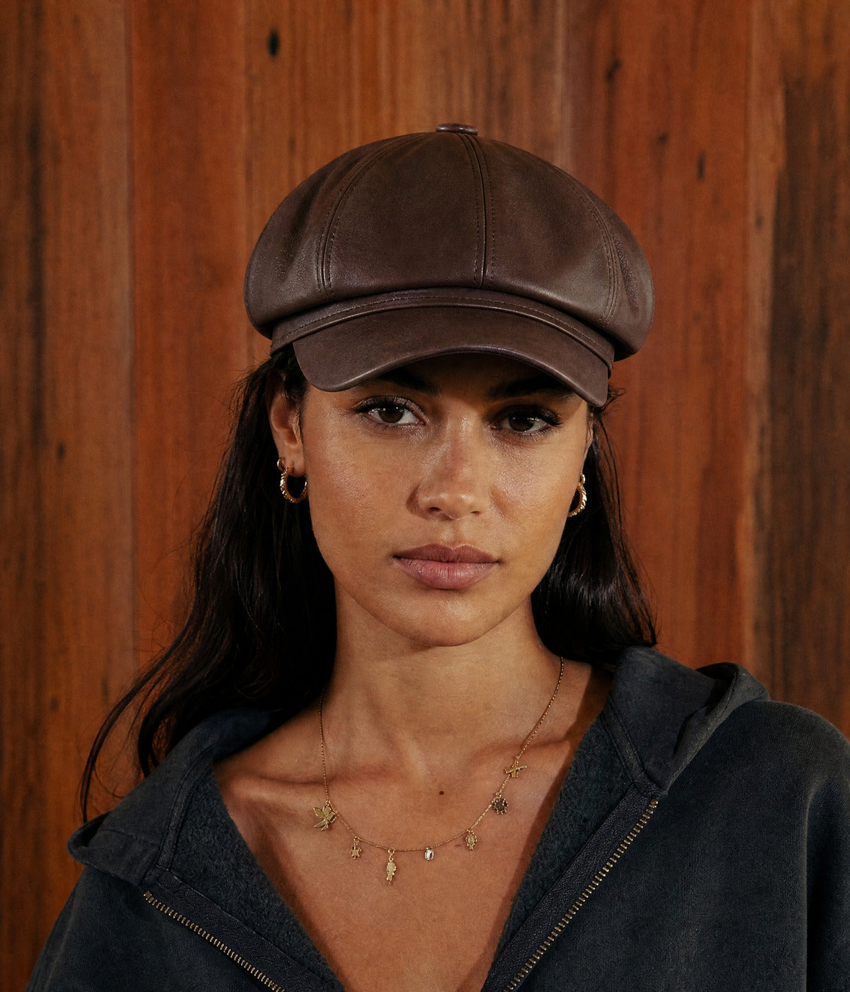 FAUX LEATHER NEWSBOY. — DARK BROWN worn