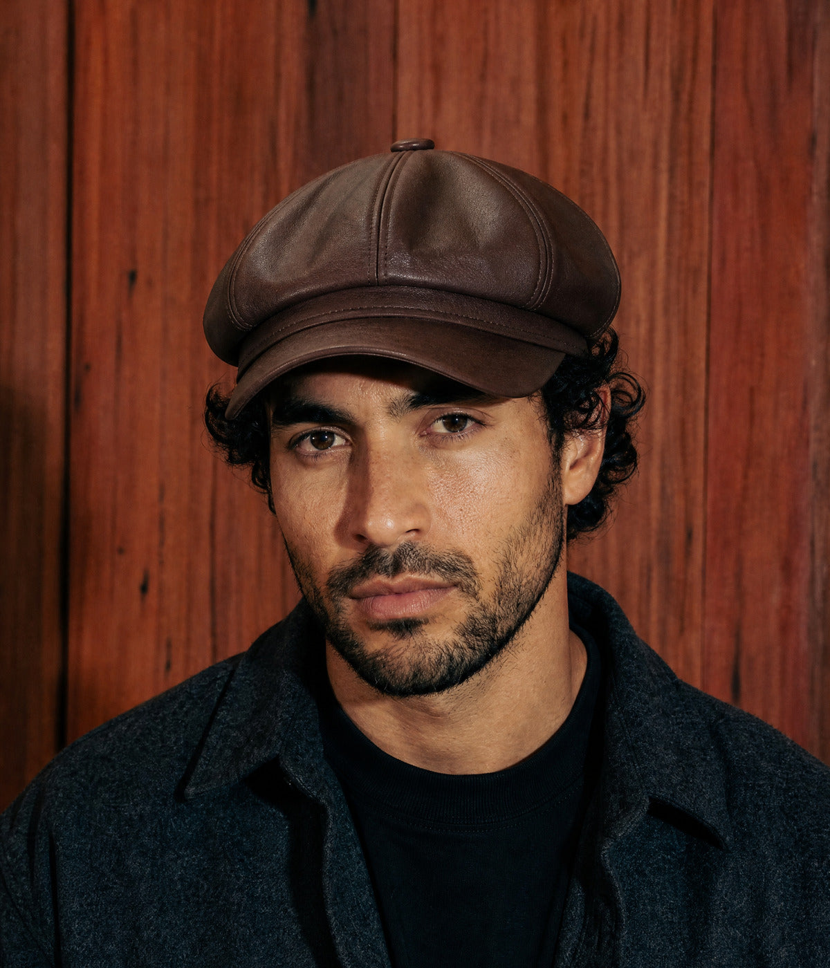 FAUX LEATHER NEWSBOY. — DARK BROWN worn