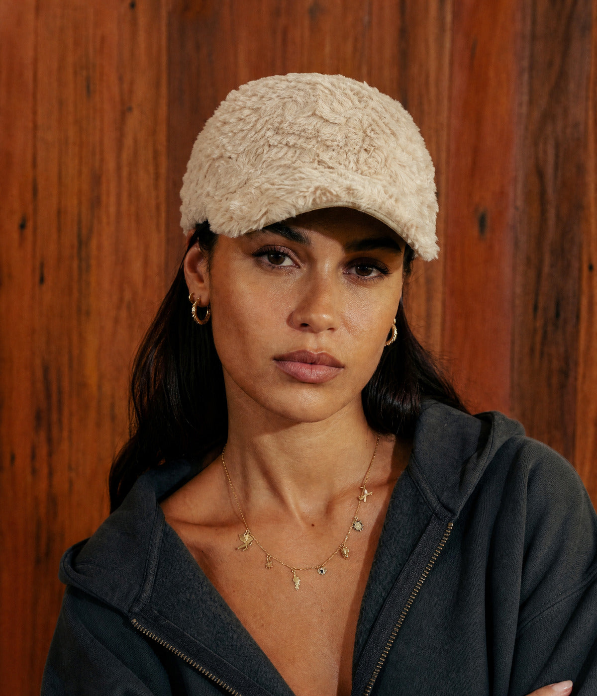 FLUFFY. BEIGE worn by a woman