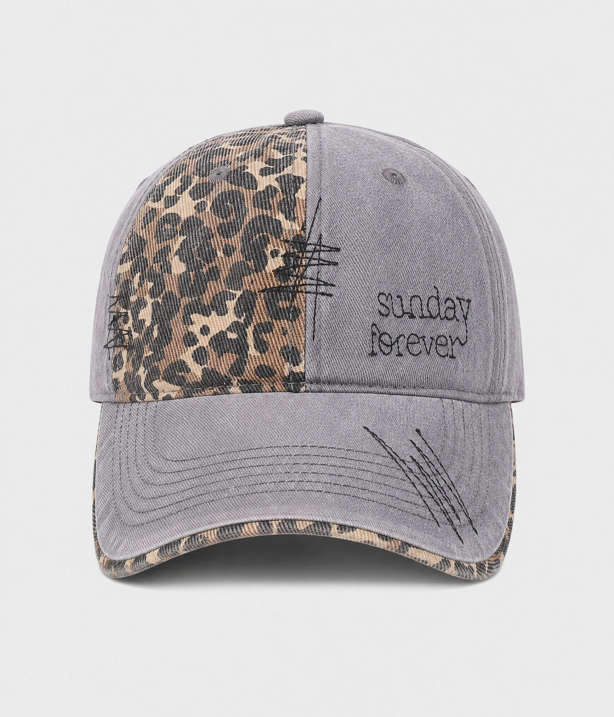 SUNDAY FOREVER. washed half-leopard dad cap in GRAY, front view