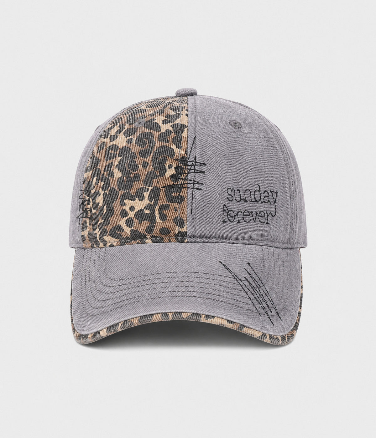 SUNDAY FOREVER. washed half-leopard dad cap in GRAY, front view