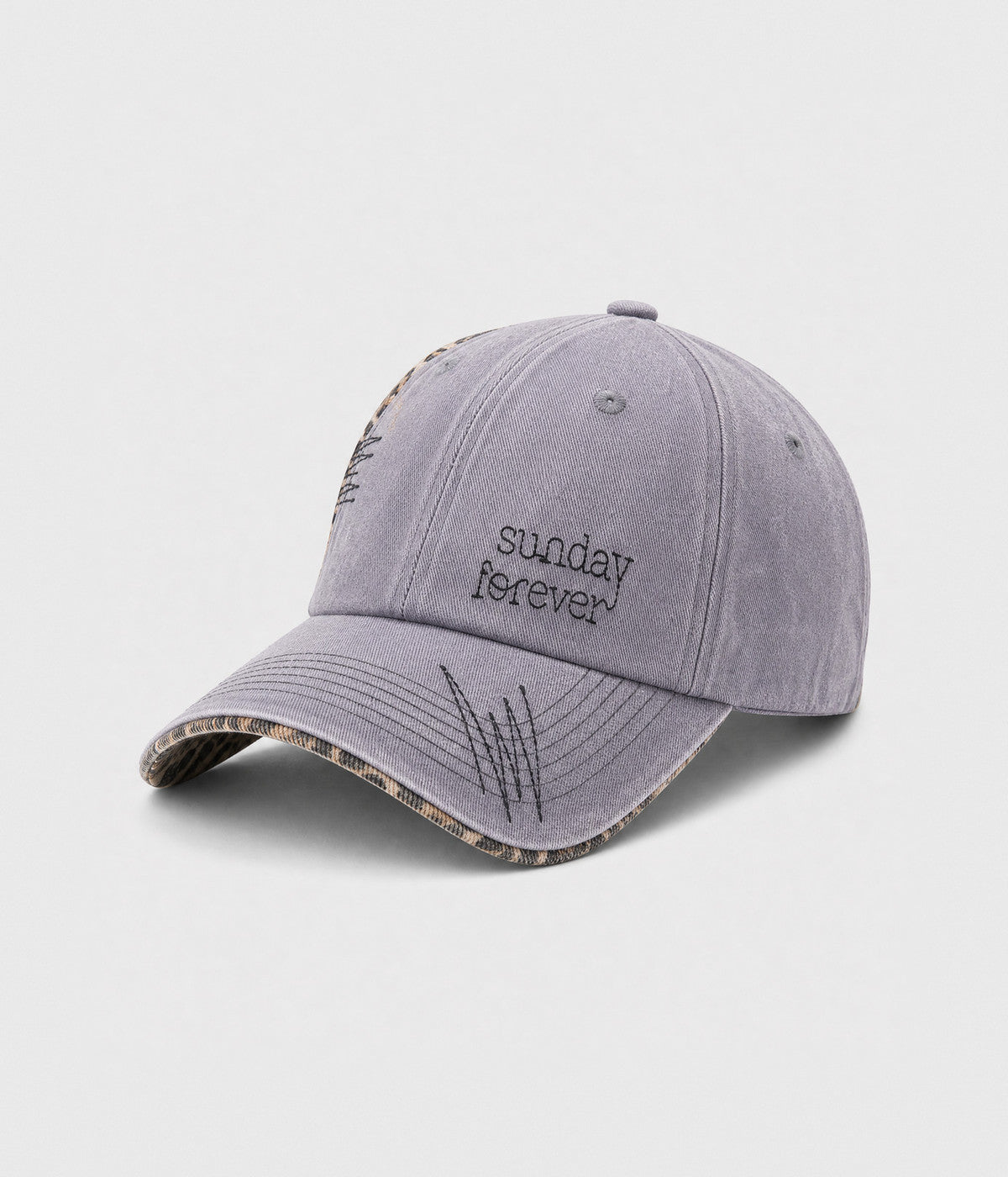 SUNDAY FOREVER. washed half-leopard dad cap in GRAY, side view