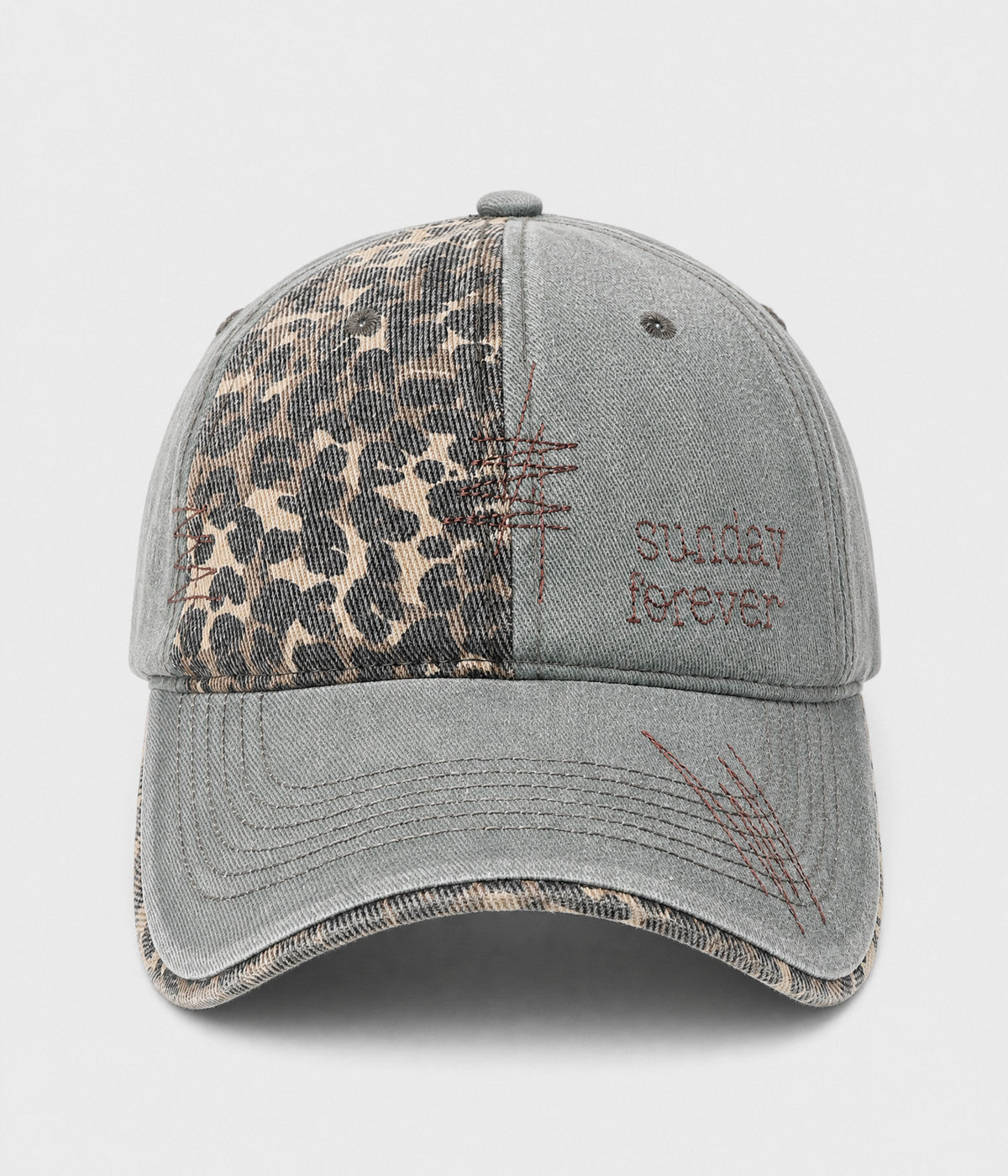 SUNDAY FOREVER. washed half-leopard dad cap in GREEN, front view