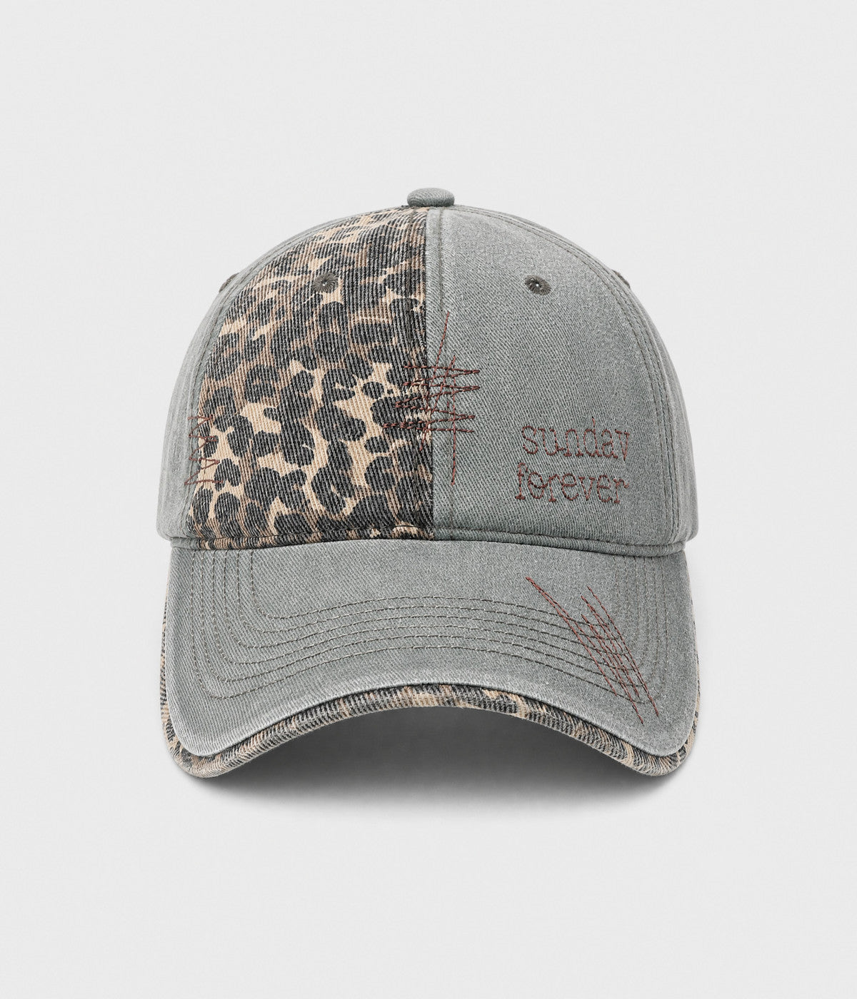 SUNDAY FOREVER. washed half-leopard dad cap in GREEN, front view