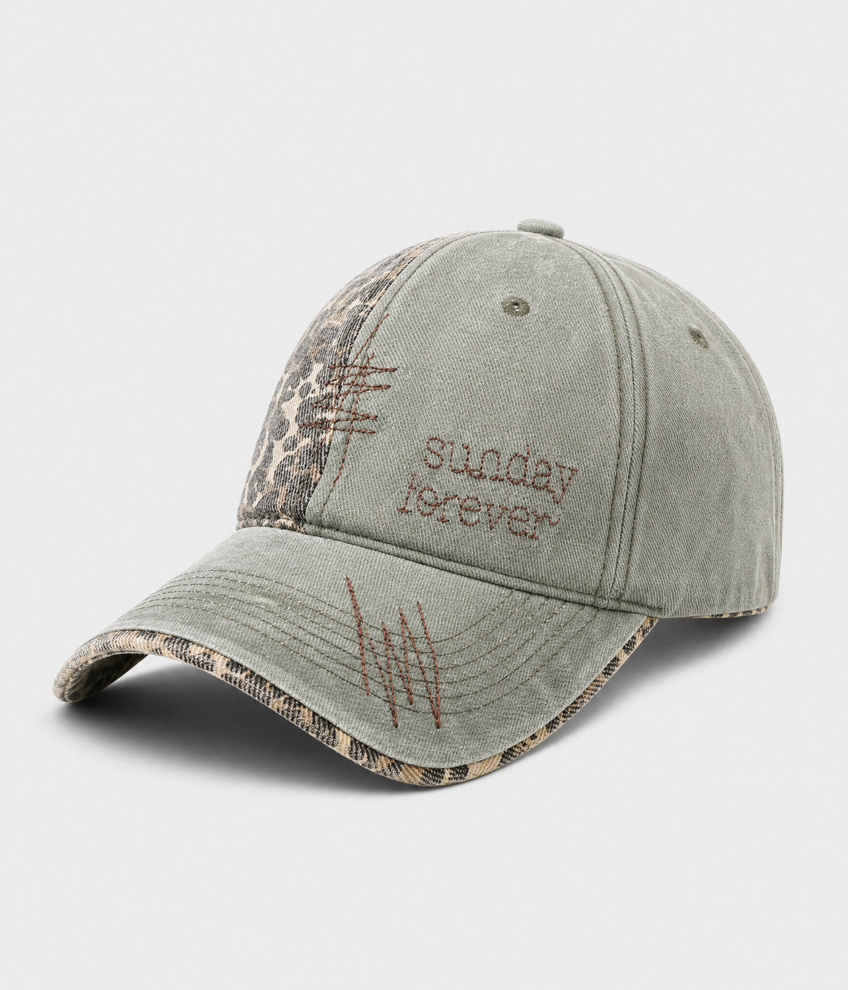 SUNDAY FOREVER. washed half-leopard dad cap in GREEN, side view