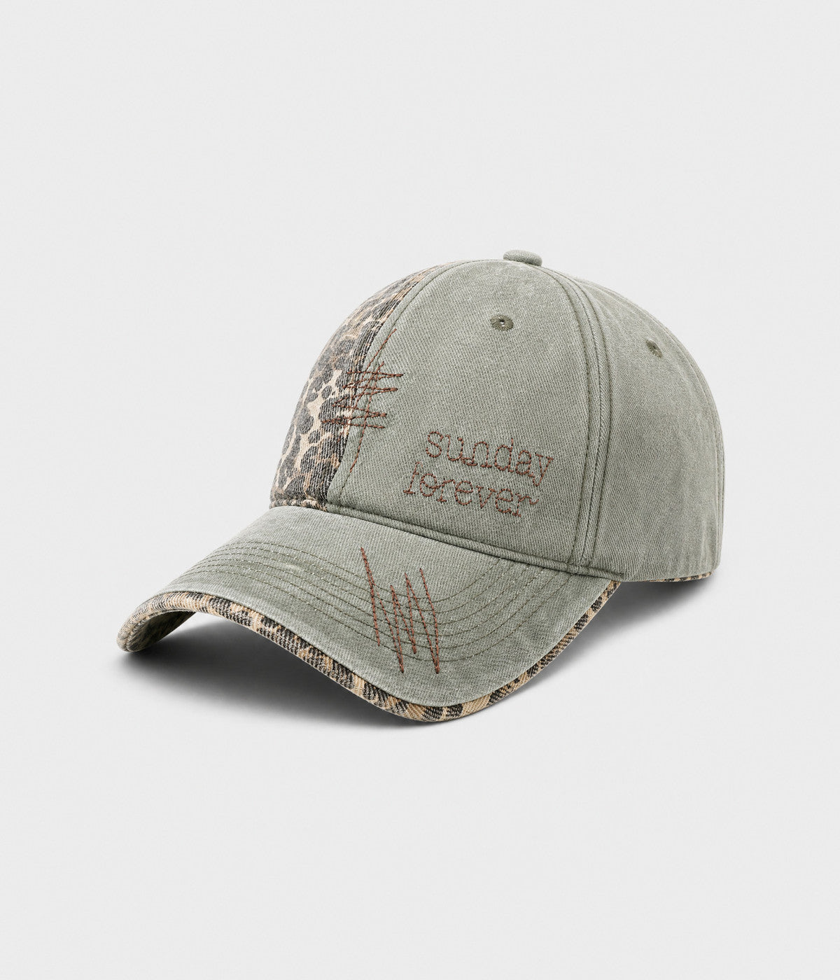 SUNDAY FOREVER. washed half-leopard dad cap in GREEN, side view