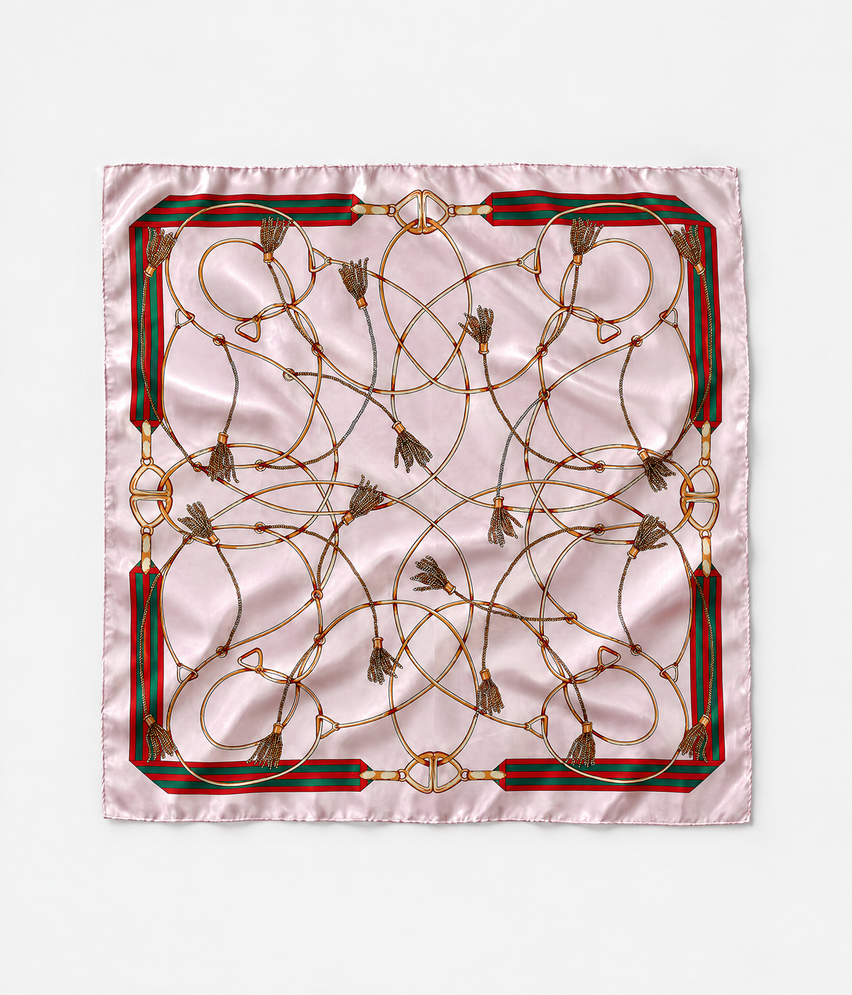 CHAIN HEAD SCARF. pink printed silk twill scarf flatlay