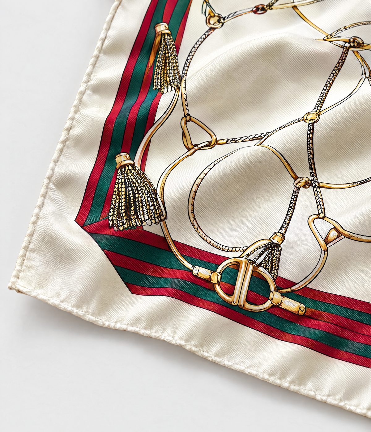 CHAIN HEAD SCARF. cream printed silk twill scarf close-up