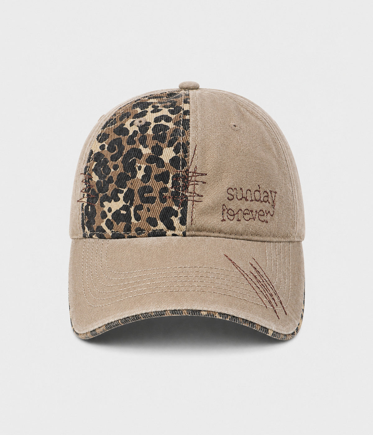 SUNDAY FOREVER. washed half-leopard dad cap in KHAKI, front view