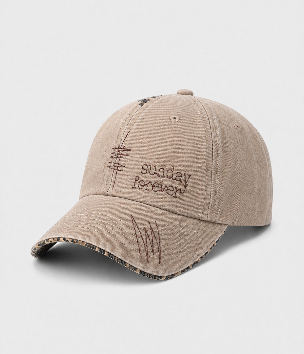 SUNDAY FOREVER. washed half-leopard dad cap in KHAKI, side view