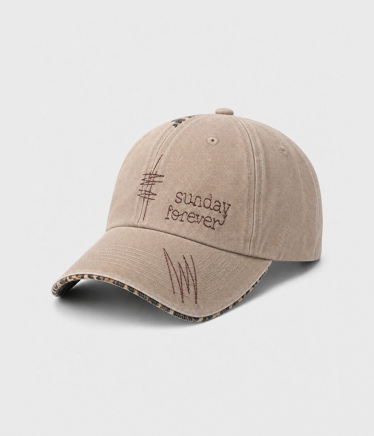 SUNDAY FOREVER. washed half-leopard dad cap in KHAKI, side view