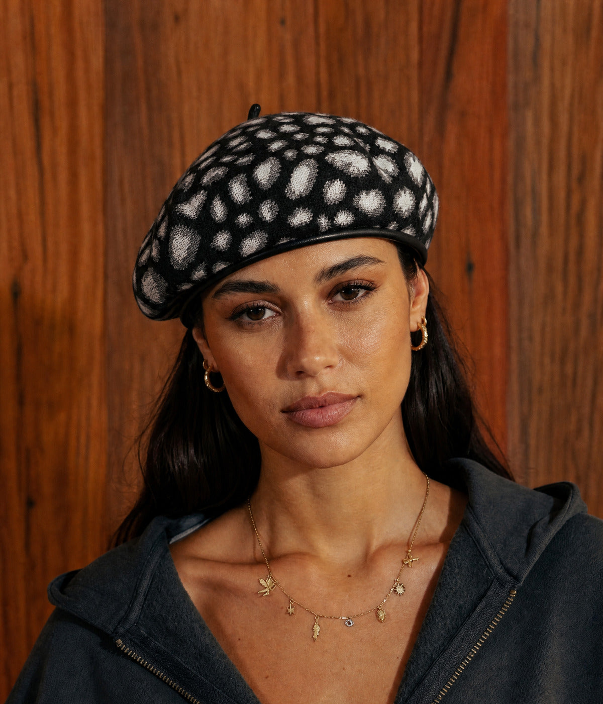KNITTED LEOPARD BERET. — BLACK worn