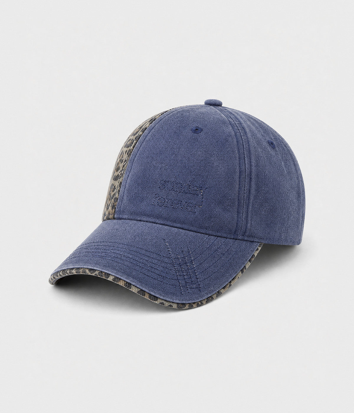 SUNDAY FOREVER. washed half-leopard dad cap in NAVY, side view