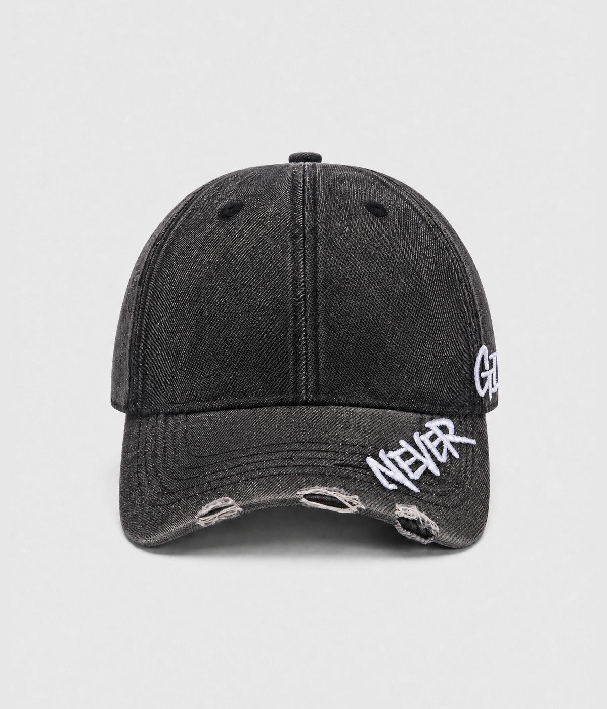 NEVER GIVE UP. washed distressed cotton dad cap in GRAY, front view