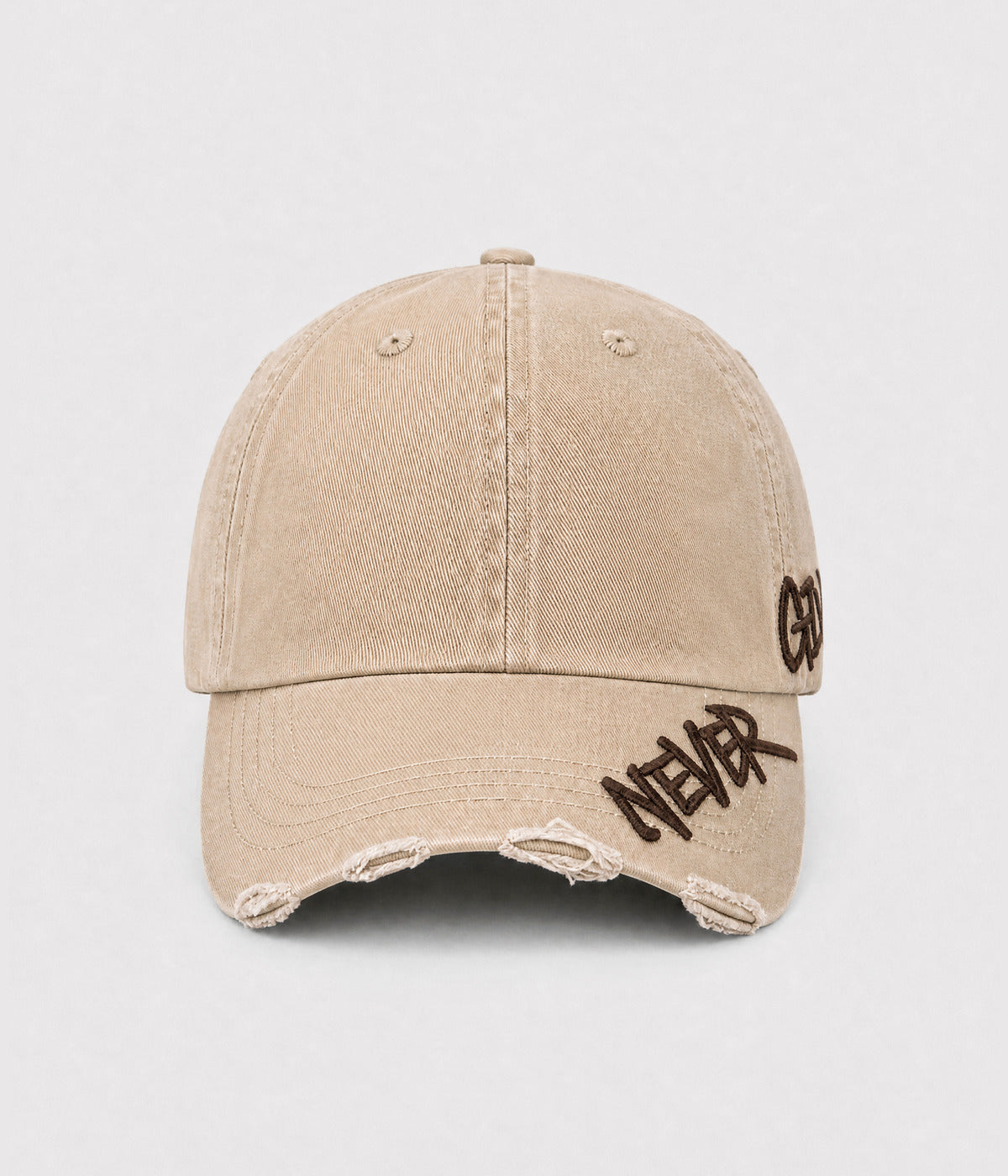 NEVER GIVE UP. washed distressed cotton dad cap in KHAKI, front view