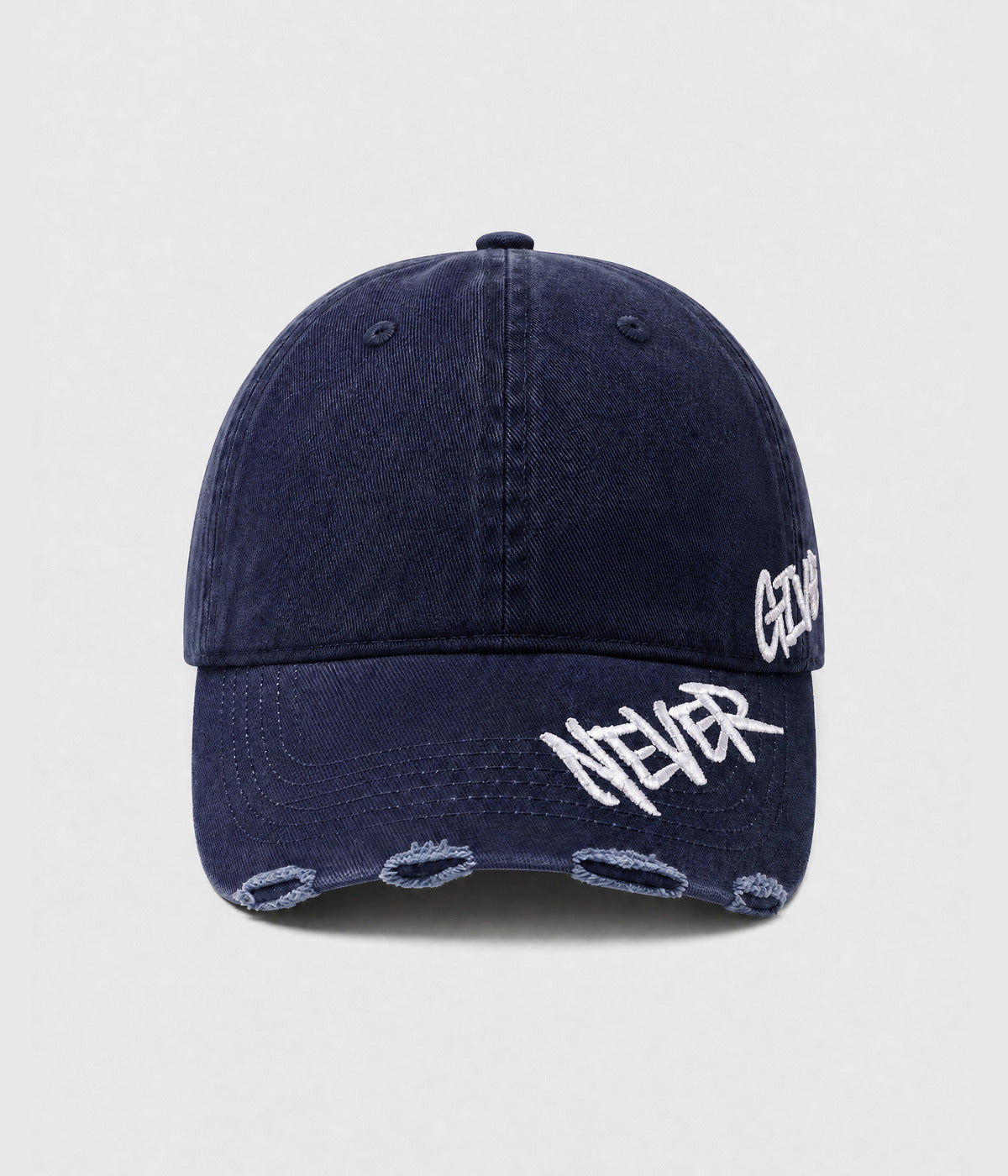 NEVER GIVE UP. washed distressed cotton dad cap in NAVY, front view