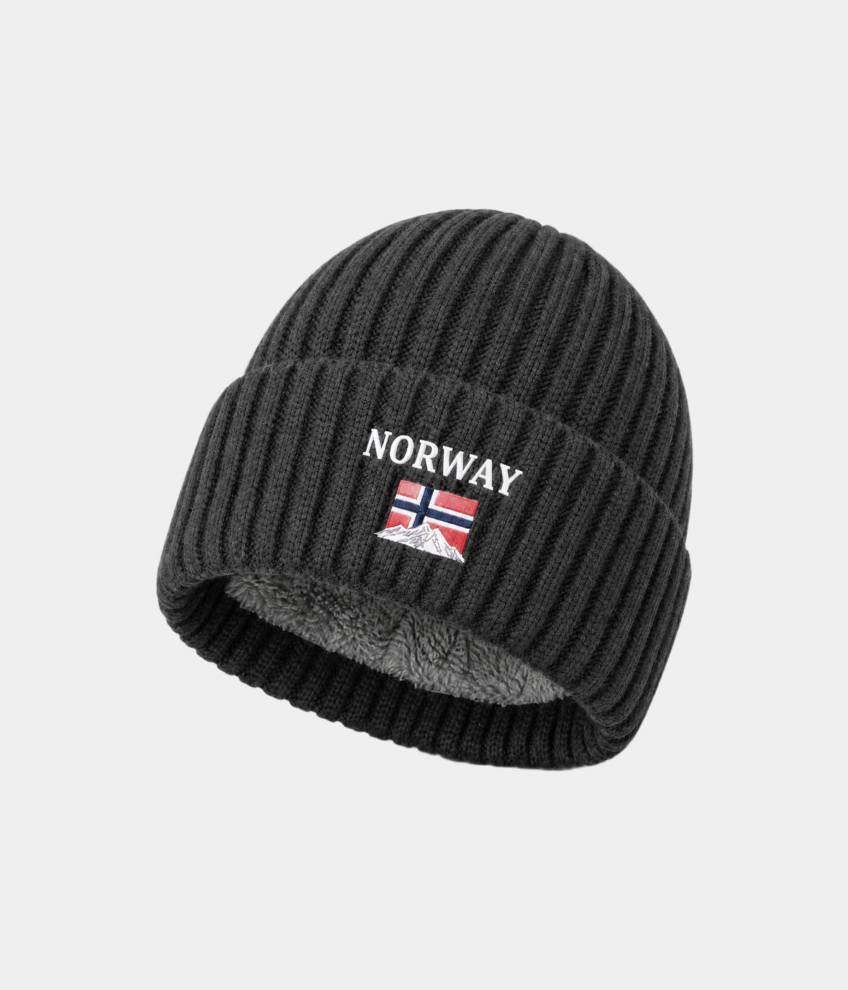 NORWAY FLEECE BEANIE. fleece-lined knit beanie in DARK GRAY, front view