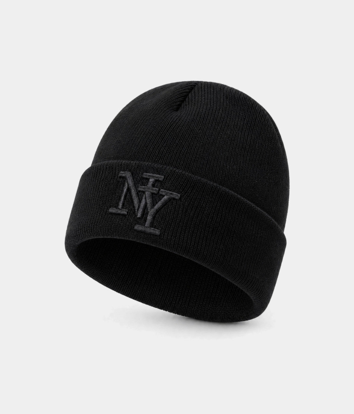 NY BEANIE. ribbed knit beanie in BLACK, front view