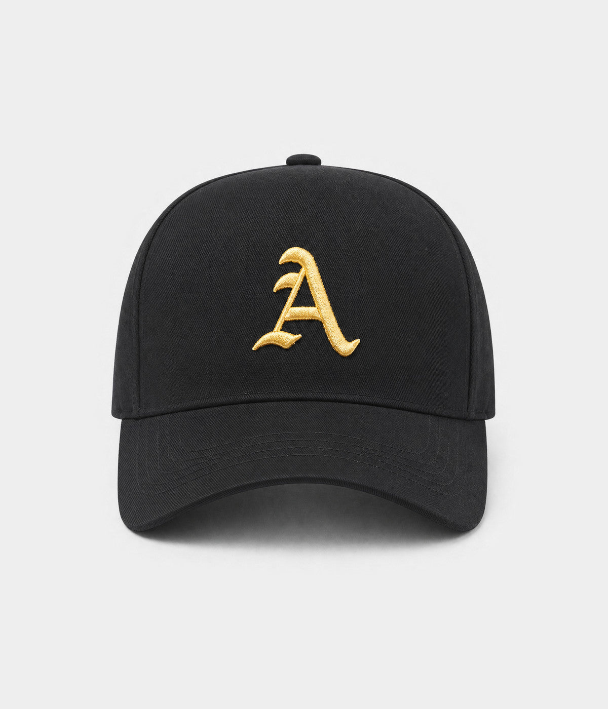 OLD ENGLISH A. cotton twill cap in black and gold, front view