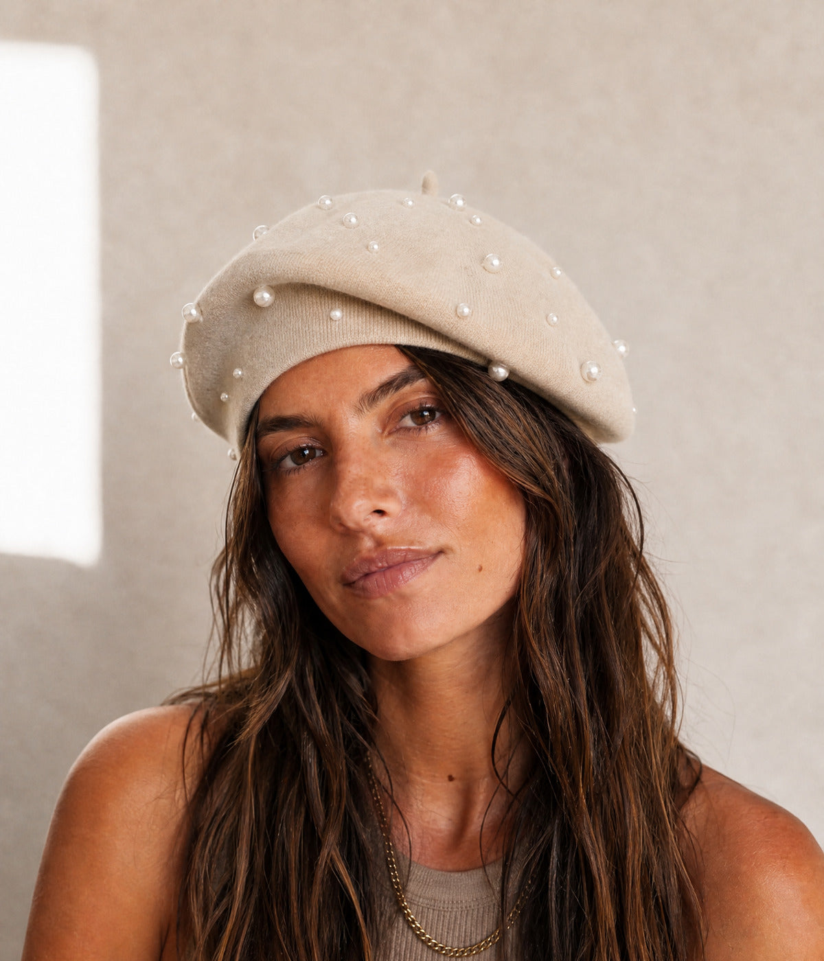 PEARL BERET. — BEIGE worn