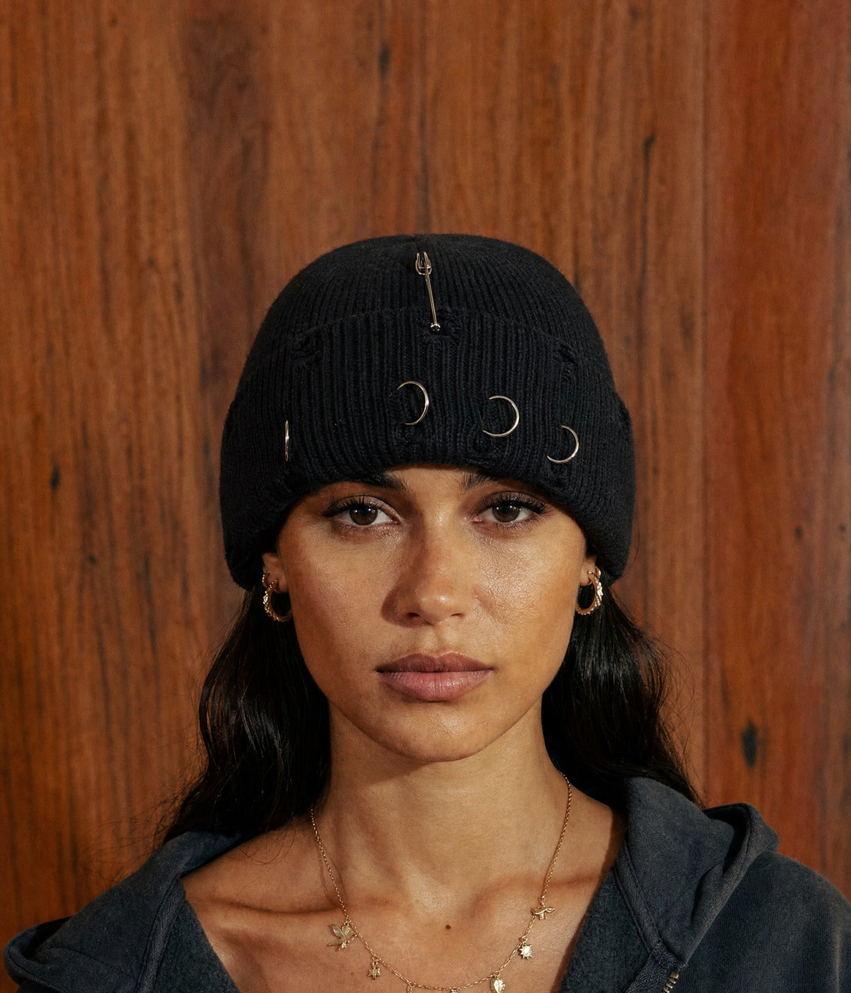 PIERCED FISHERMAN BEANIE. — BLACK worn