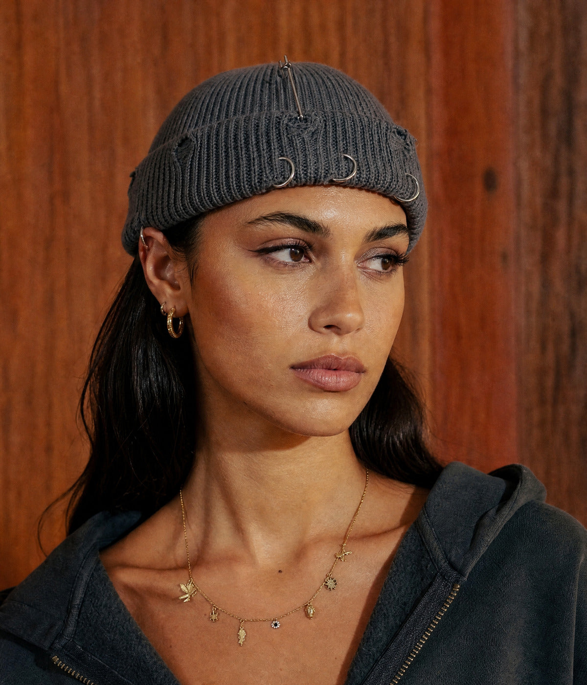 PIERCED FISHERMAN BEANIE. — GRAY worn