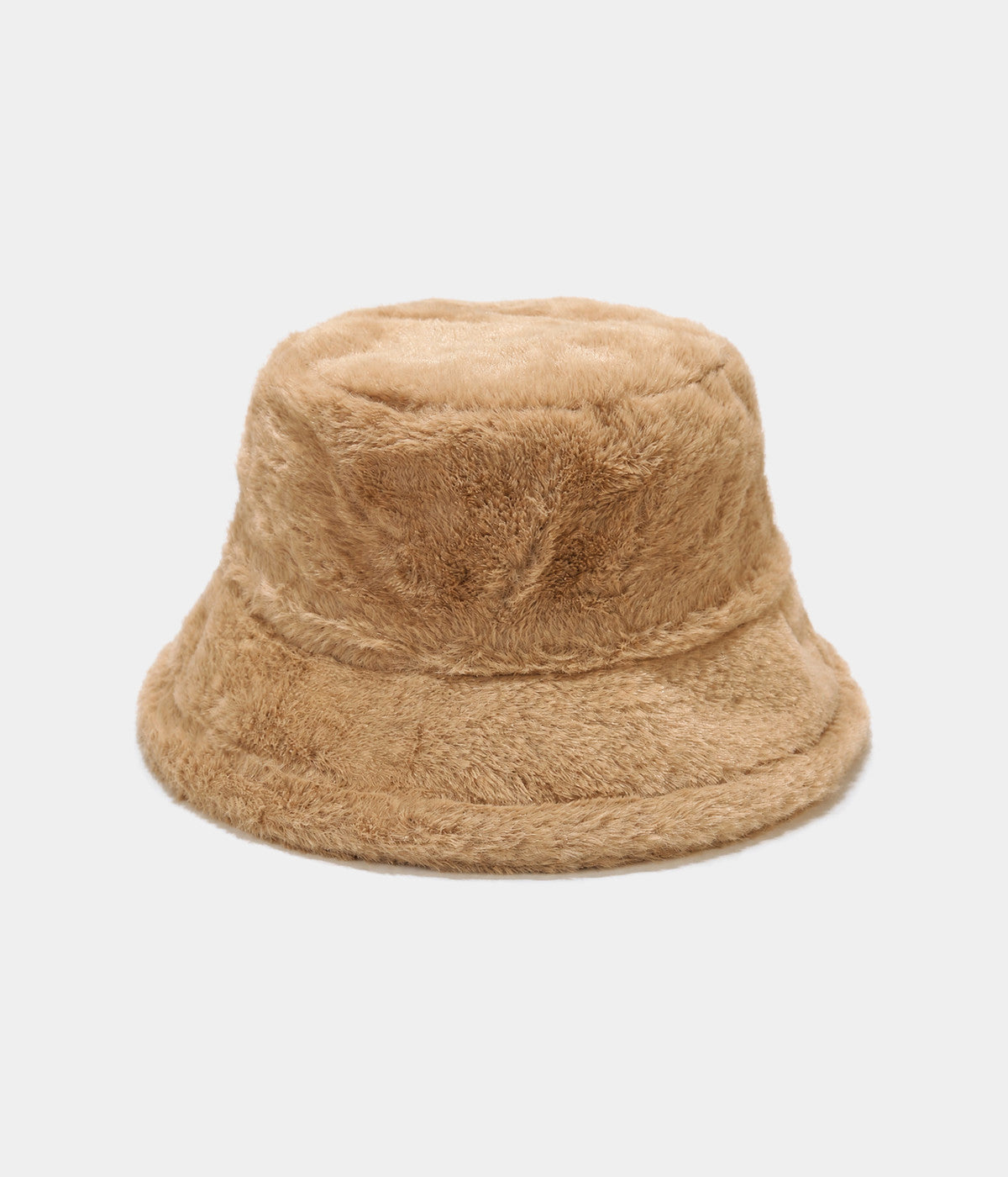 PLUSH BUCKET. faux-fur bucket hat in DARK KHAKI, front view