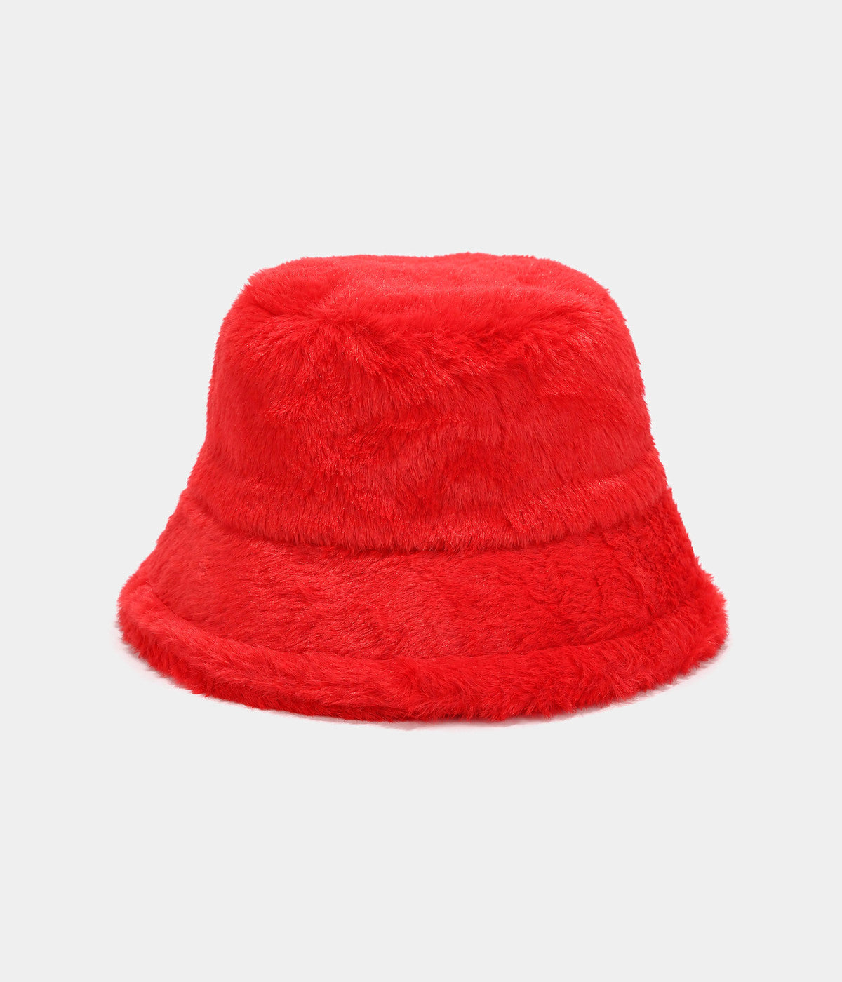 PLUSH BUCKET. faux-fur bucket hat in RED, front view