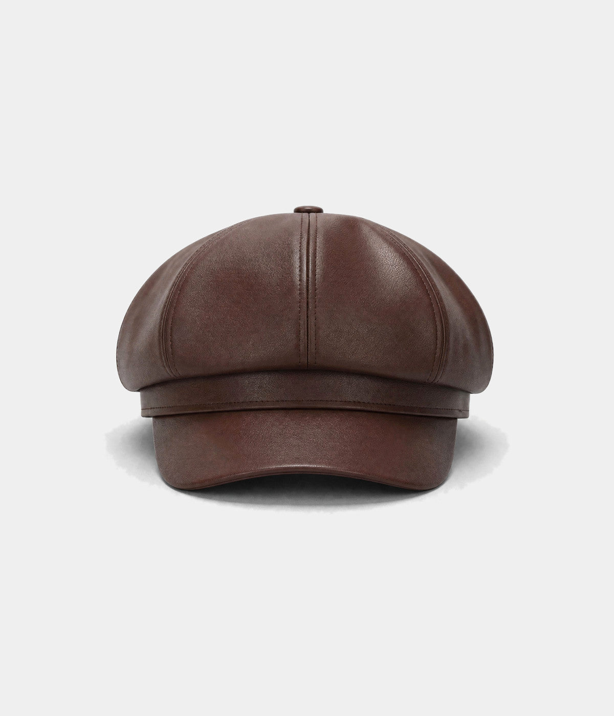FAUX LEATHER NEWSBOY. faux-leather newsboy cap in DARK BROWN, front view