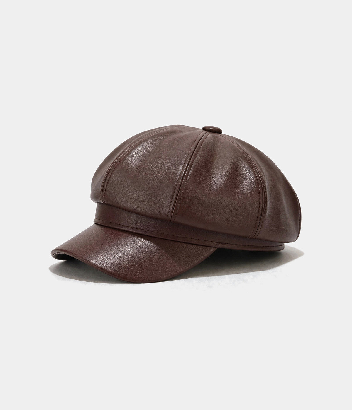 FAUX LEATHER NEWSBOY. faux-leather newsboy cap in DARK BROWN, side view