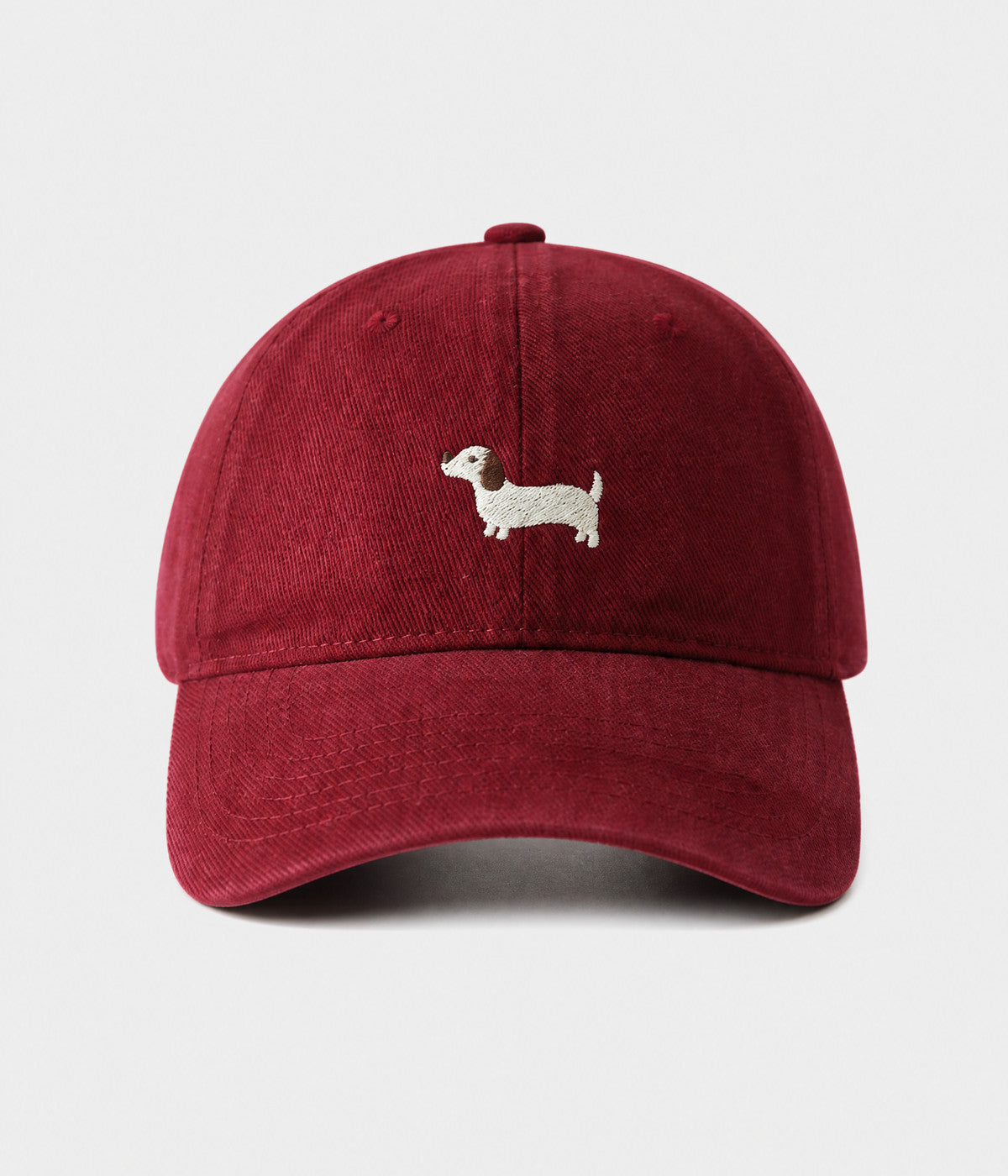 SAUSAGE DOG. washed cotton cap in red, front view