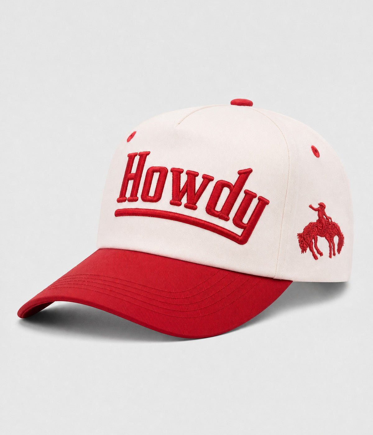 HOWDY SNAPBACK. structured cream cotton snapback cap in RED, side view
