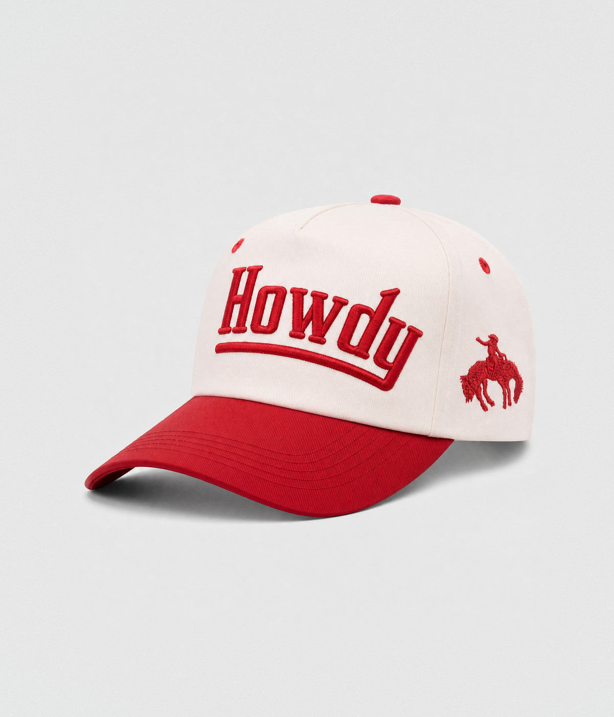 HOWDY SNAPBACK. structured cream cotton snapback cap in RED, side view