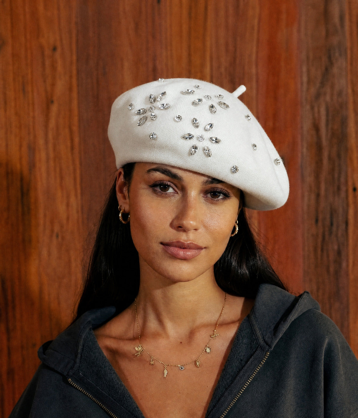 RHINESTONE BERET. — WHITE worn