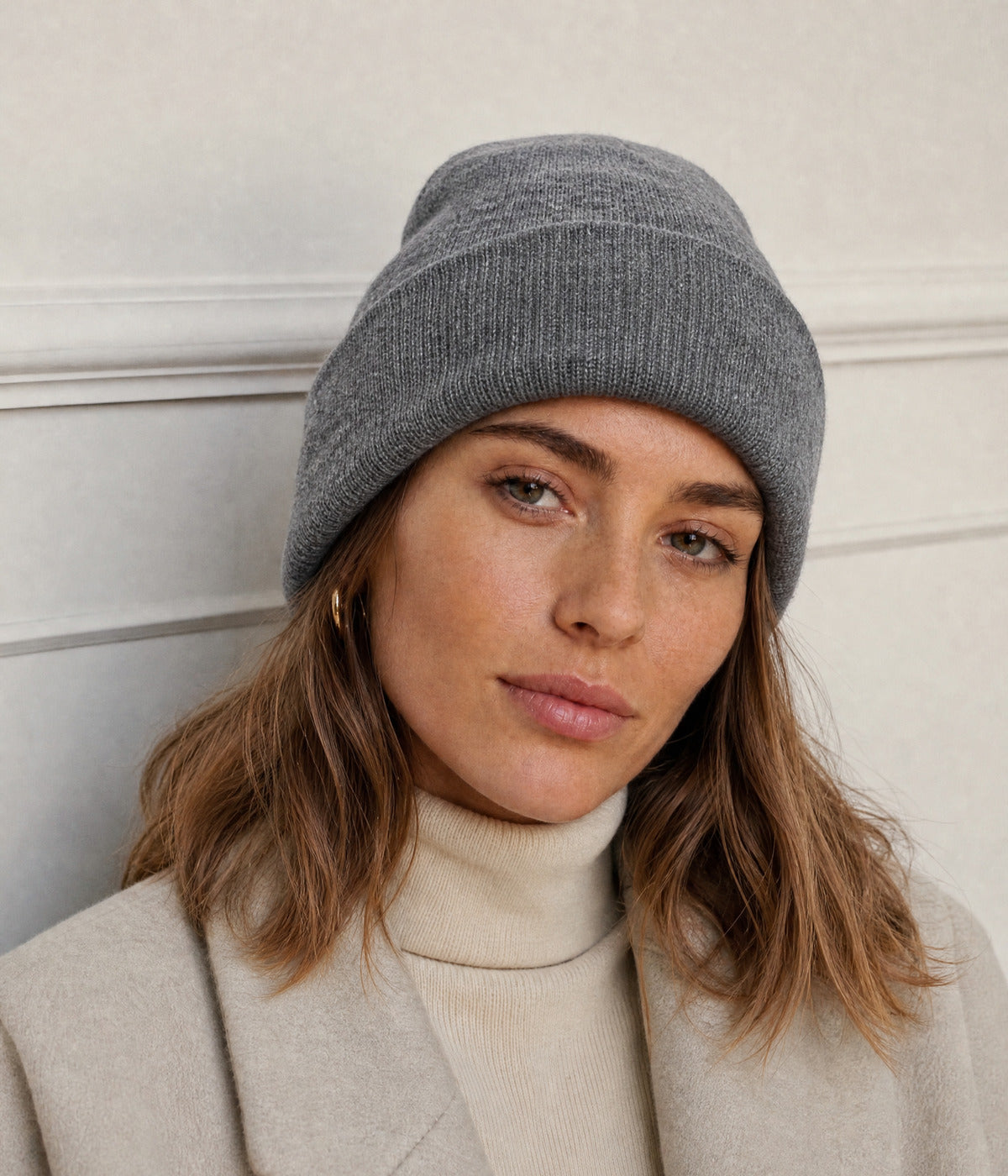 SATIN LINED BEANIE. — GRAY worn