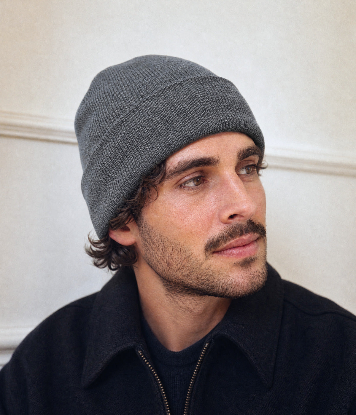 SATIN LINED BEANIE. — GRAY worn
