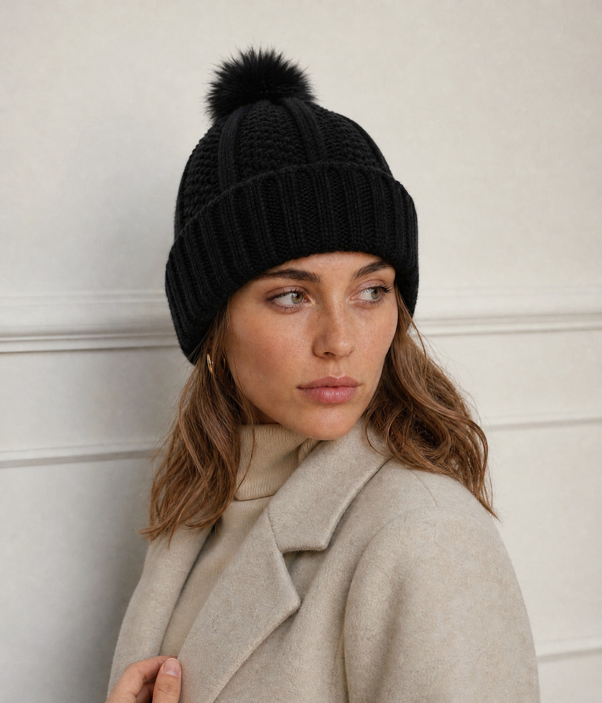 SATIN POMPOM BEANIE. — BLACK worn