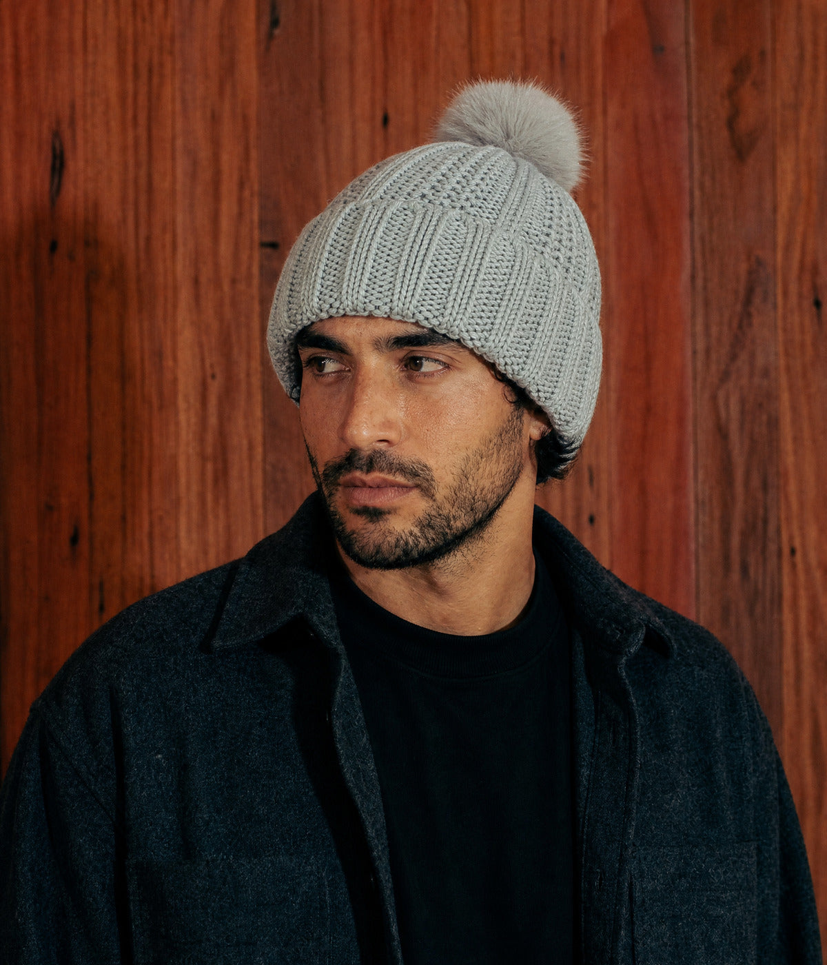 SATIN POMPOM BEANIE. — GRAY worn
