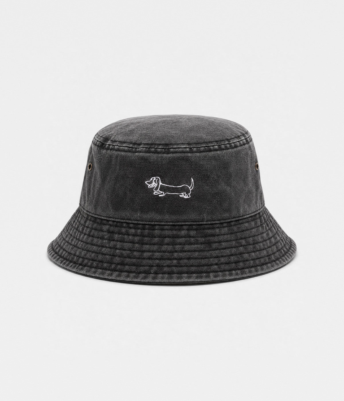 SAUSAGE DOG BUCKET. black washed bucket hat front