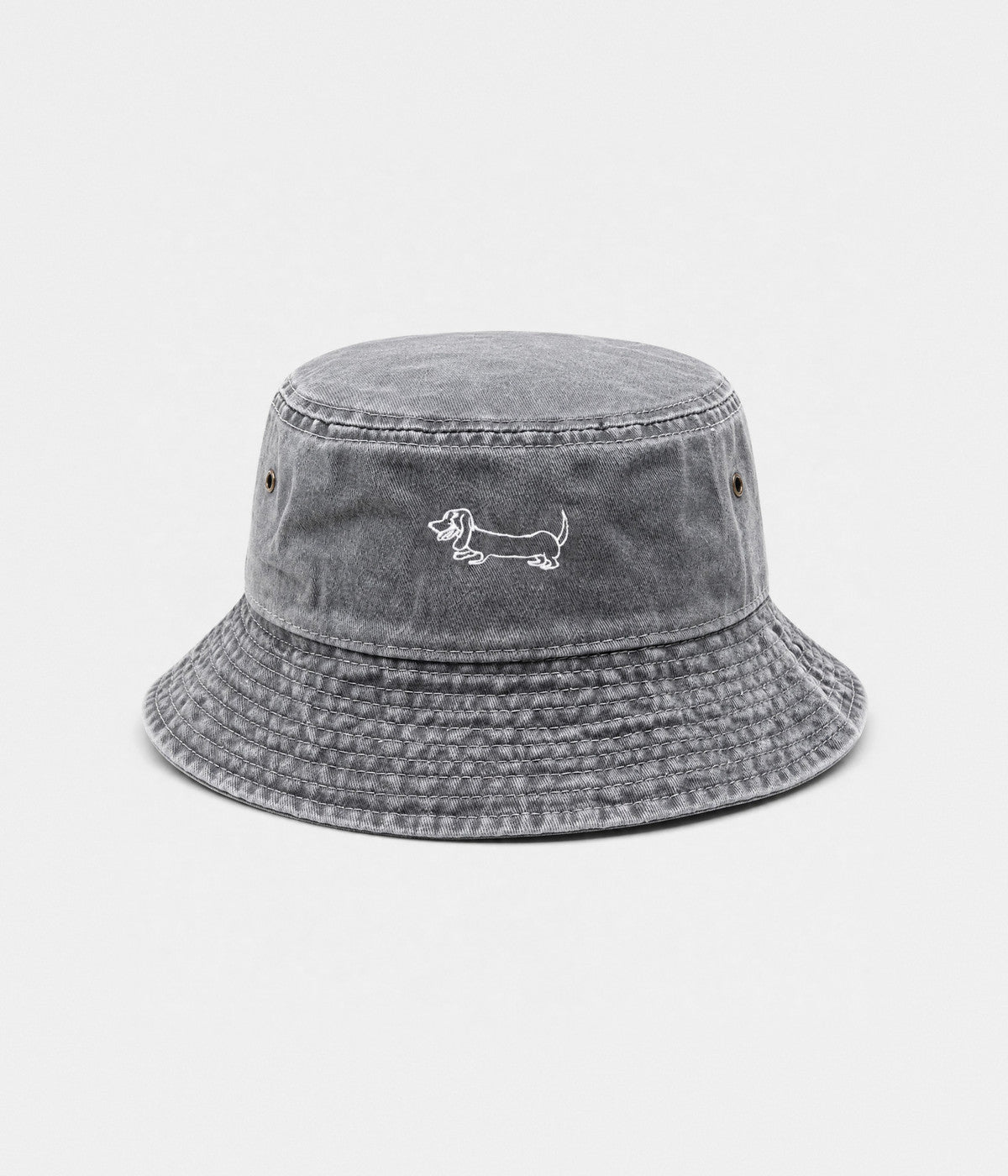 SAUSAGE DOG BUCKET. gray washed bucket hat front