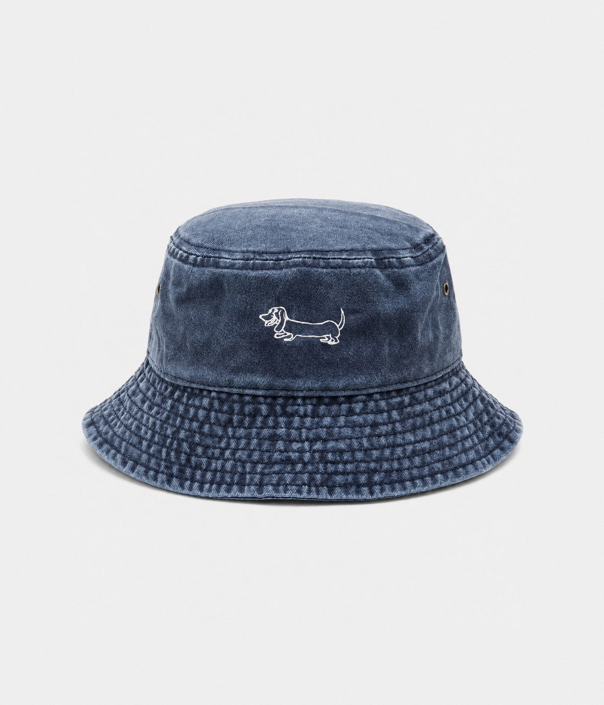 SAUSAGE DOG BUCKET. navy washed bucket hat front