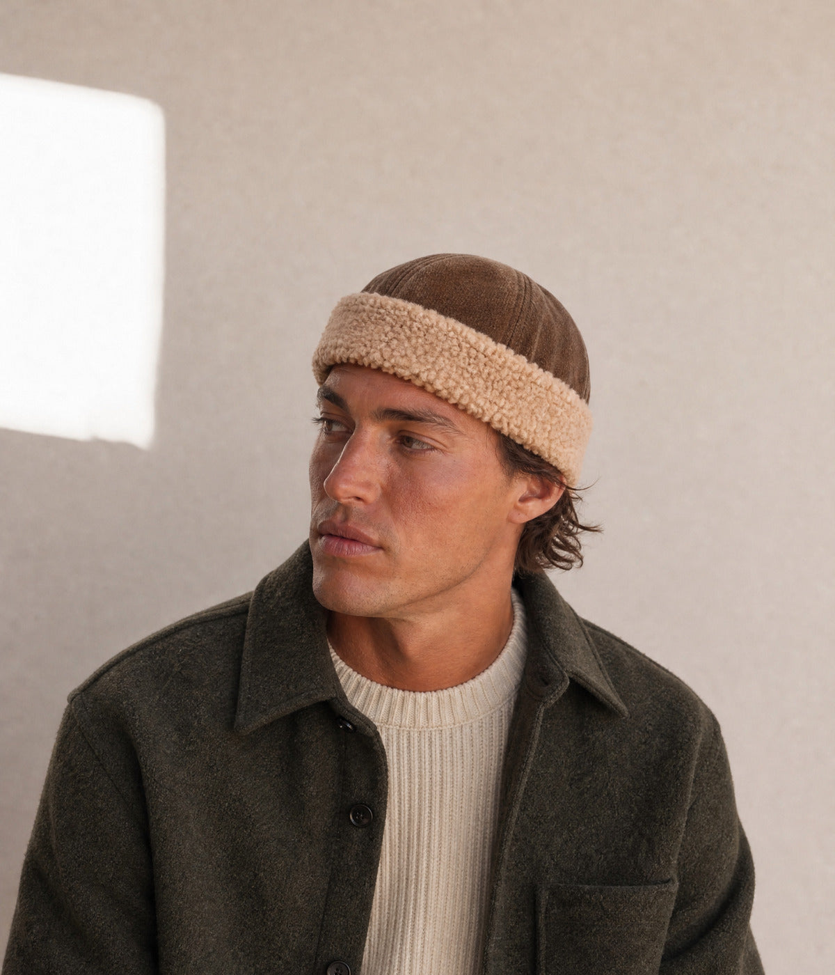 TEDDY FISHERMAN BEANIE. — BROWN worn, side view