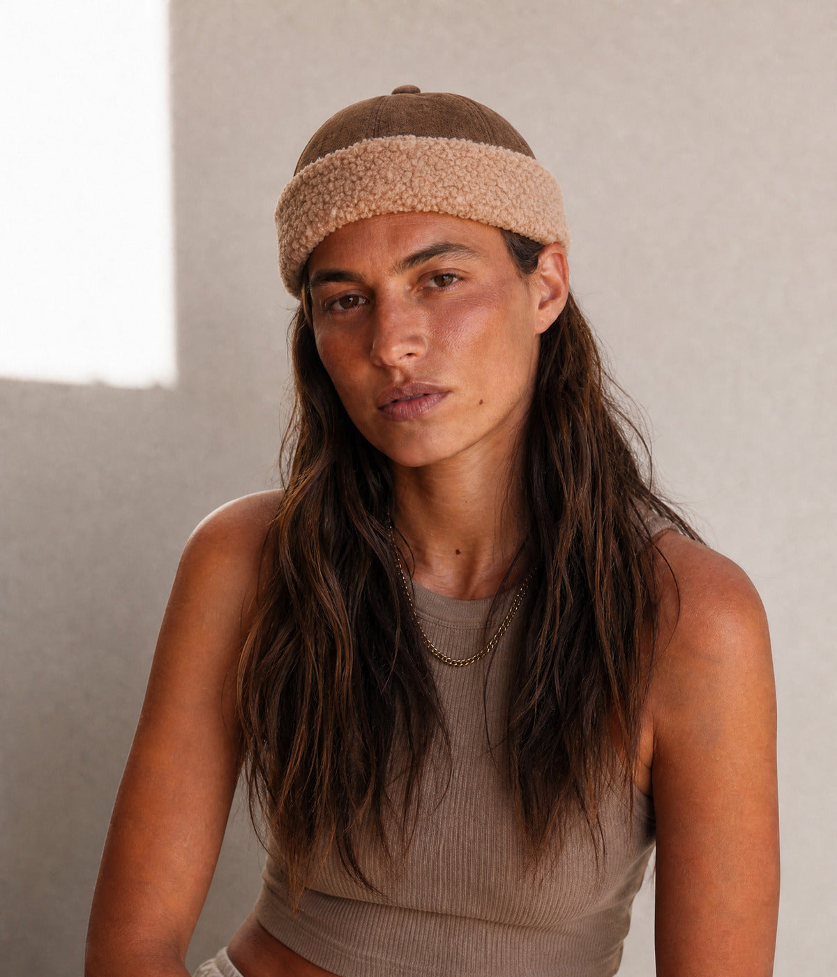 TEDDY FISHERMAN BEANIE. — BROWN worn