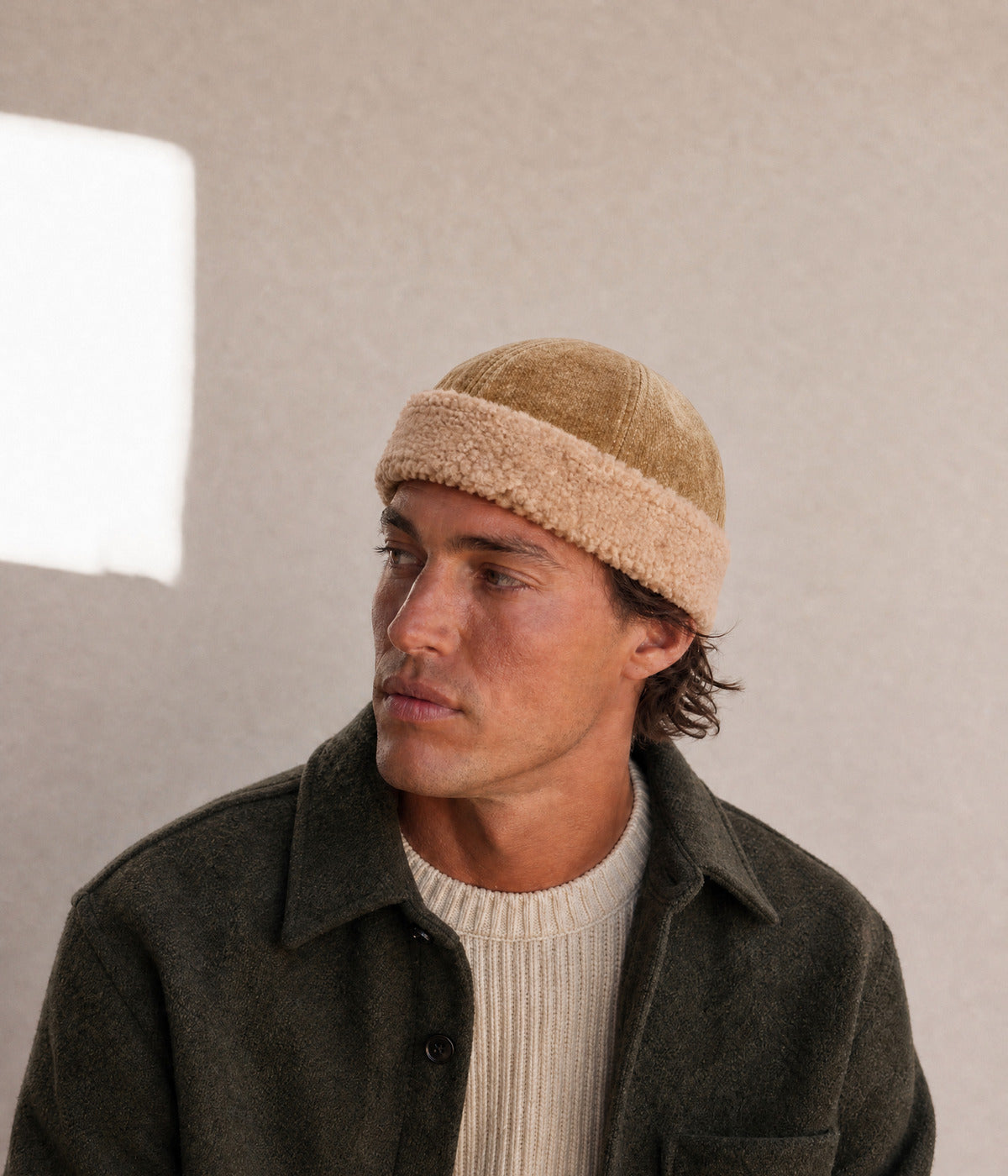 TEDDY FISHERMAN BEANIE. — KHAKI worn
