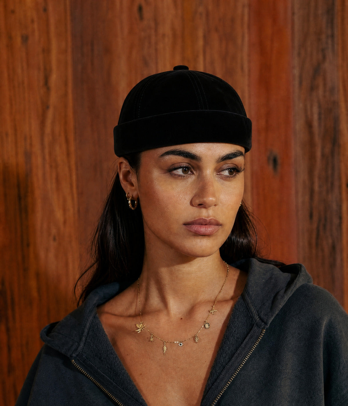 VELVET FISHERMAN BEANIE. — BLACK worn