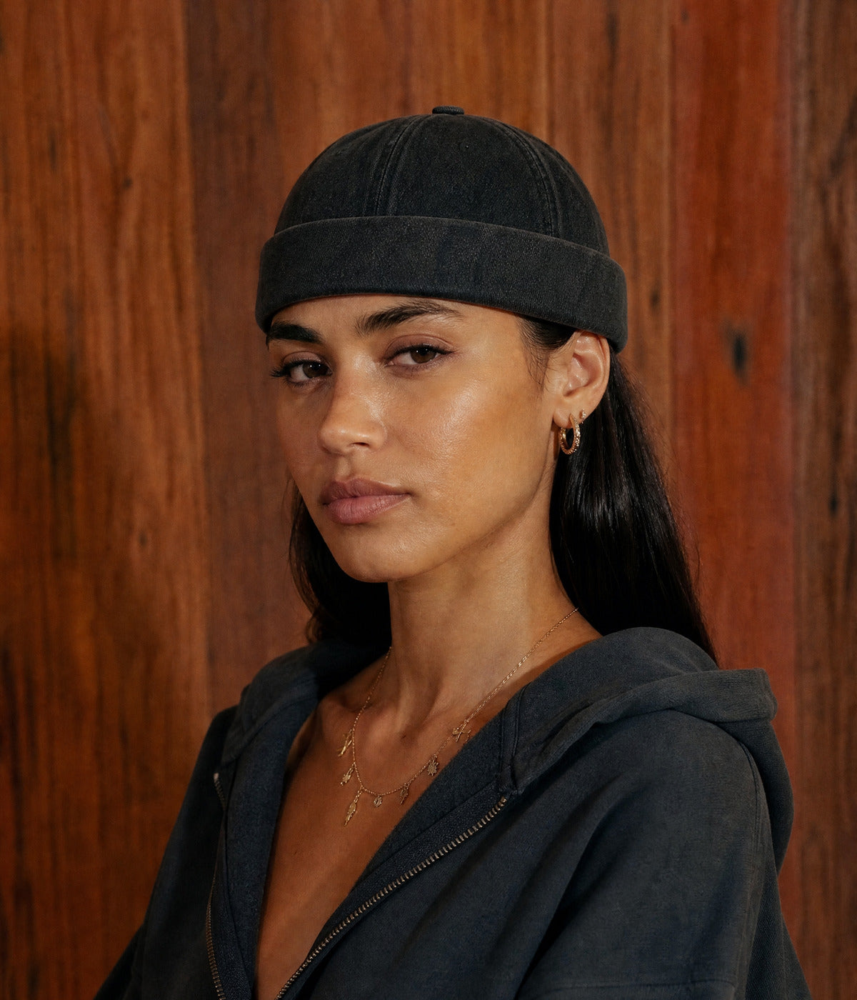 WASHED DENIM FISHERMAN BEANIE. — BLACK worn