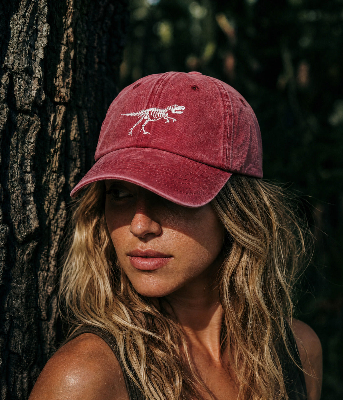 WASHED DINOSAUR. RED worn by a woman