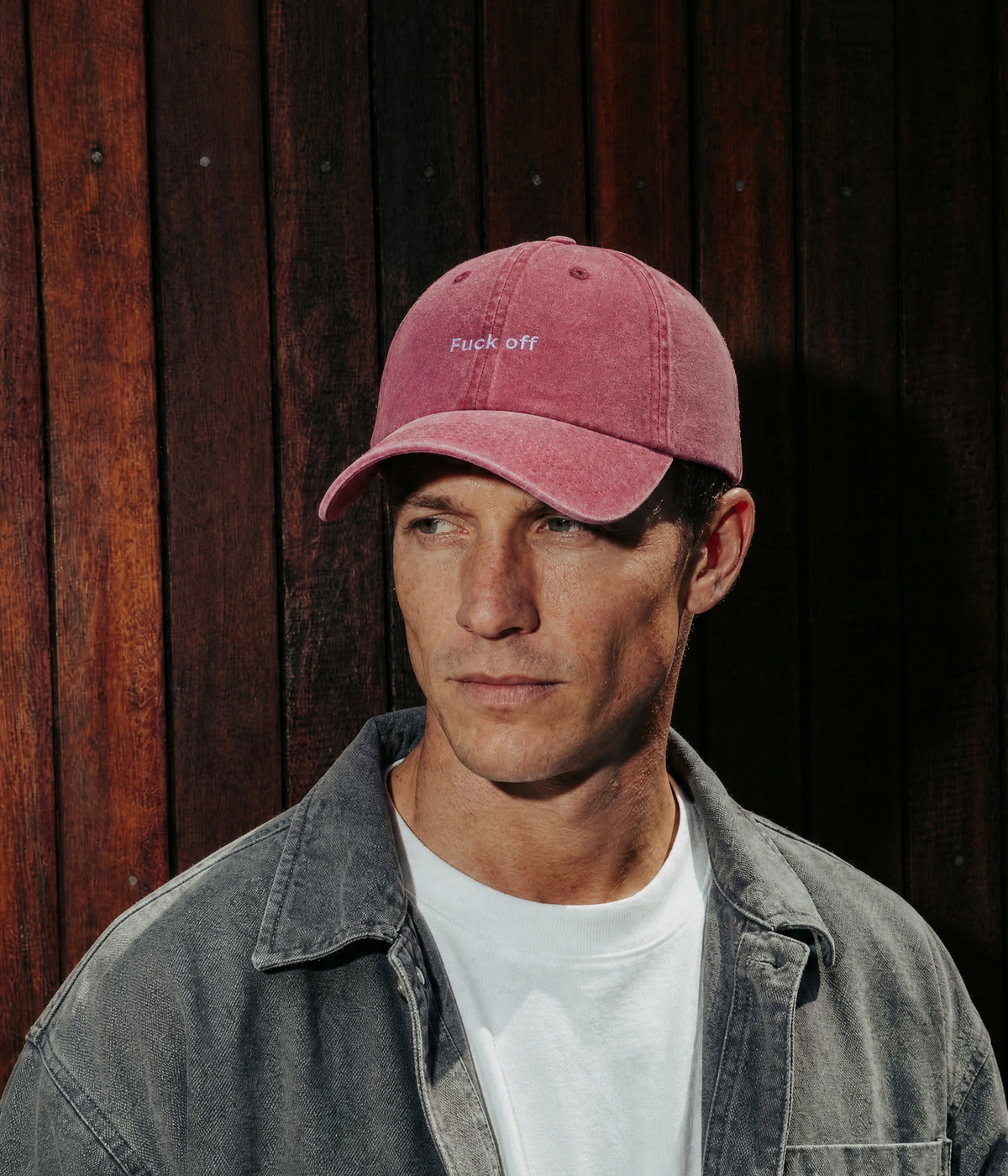 WASHED FUCK OFF. RED worn by a man