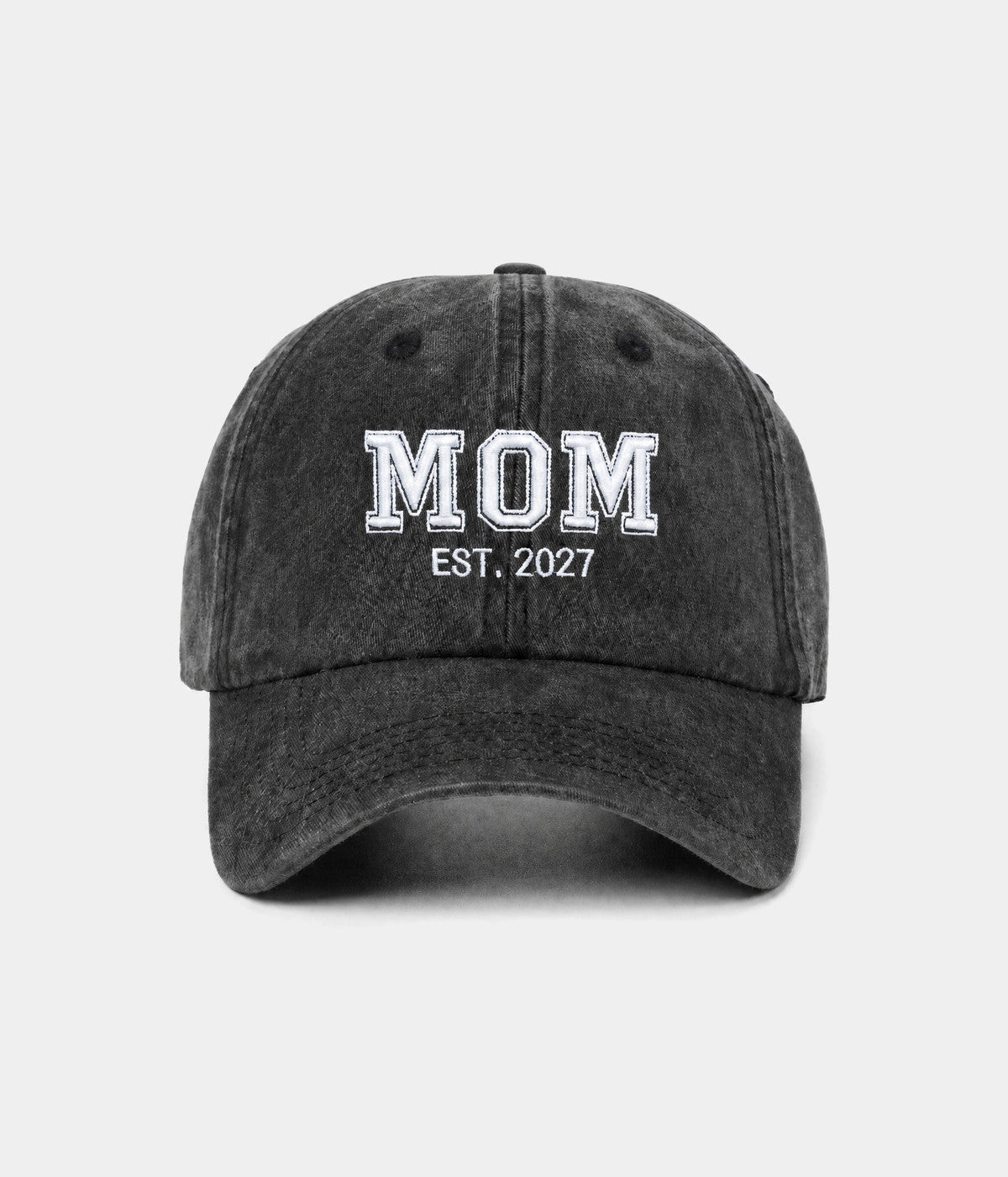 WASHED MOM EST 2027. washed cotton dad cap in BLACK, front view