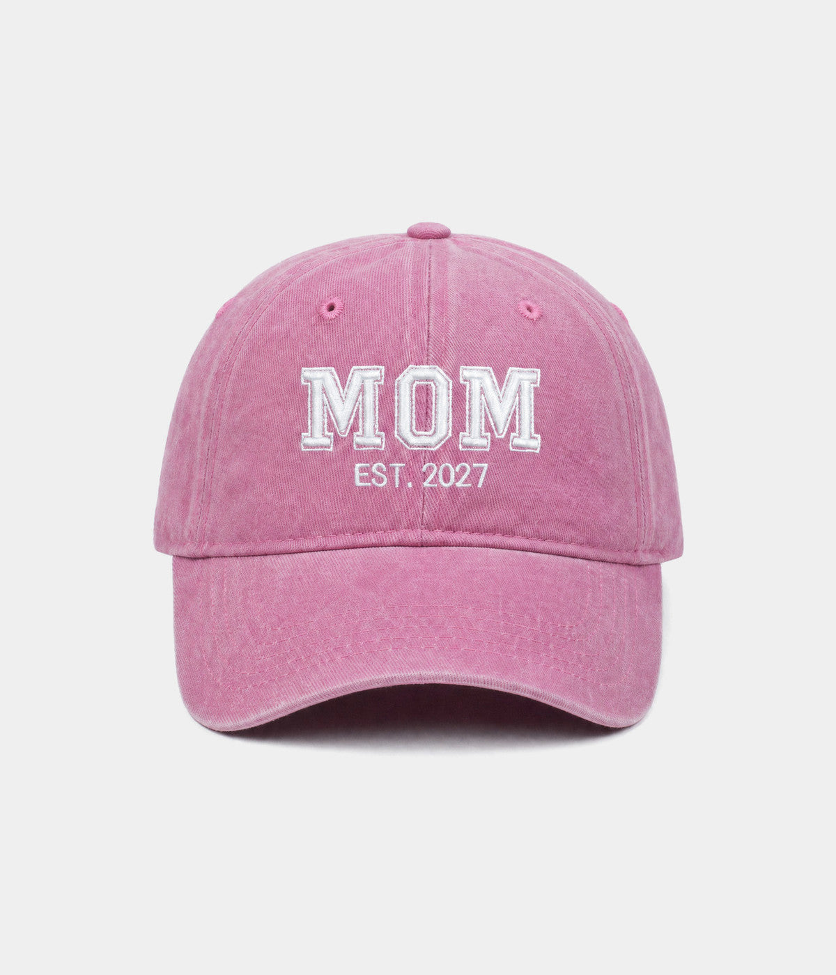 WASHED MOM EST 2027. washed cotton dad cap in PINK, front view